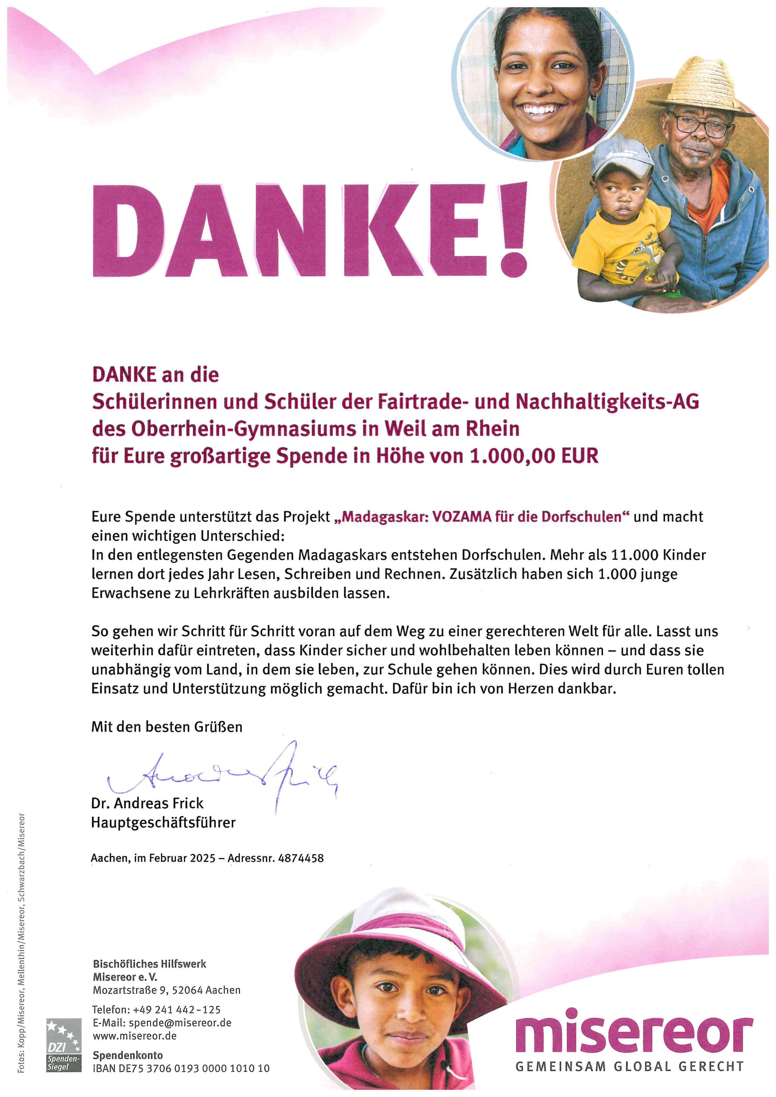 Neue Spende an Misereor